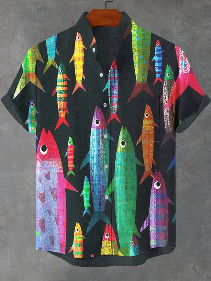 Chemise d'été pour hommes décontractée à manches courtes avec motif vie marine, chemise à boutons et col, hauts surdimensionnés, chemise hawaïenne décontractée pour hommes