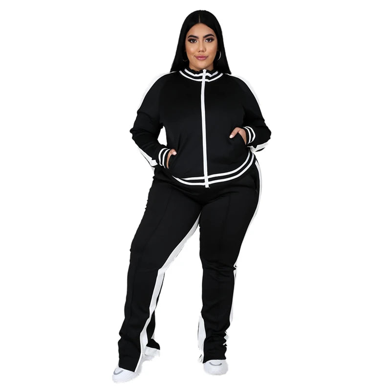 Ensemble Deux Pièces Grande Taille L-5XL Femme Survêtement Top Rayé à Fermeture Éclair Pantalon de Jogging Fendu Tenue Assortie