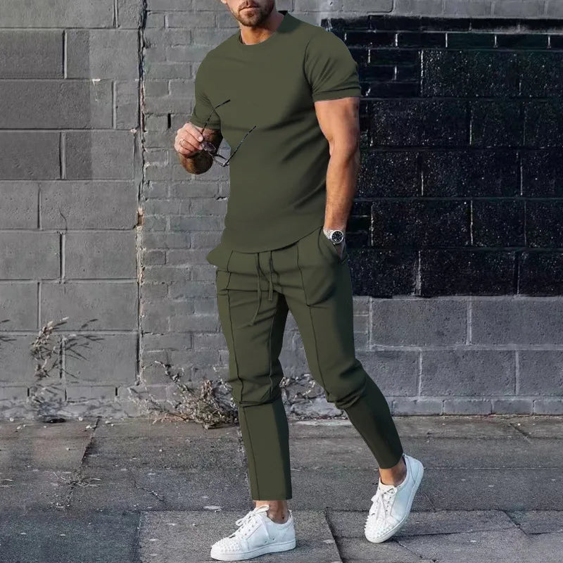 M-3XL  Ensemble de sport pour homme : t-shirt de sport uni à col rond et manches courtes + pantalon à poche, ensemble deux pièces de style streetwear