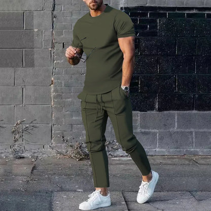 M-3XL  Ensemble de sport pour homme : t-shirt de sport uni à col rond et manches courtes + pantalon à poche, ensemble deux pièces de style streetwear
