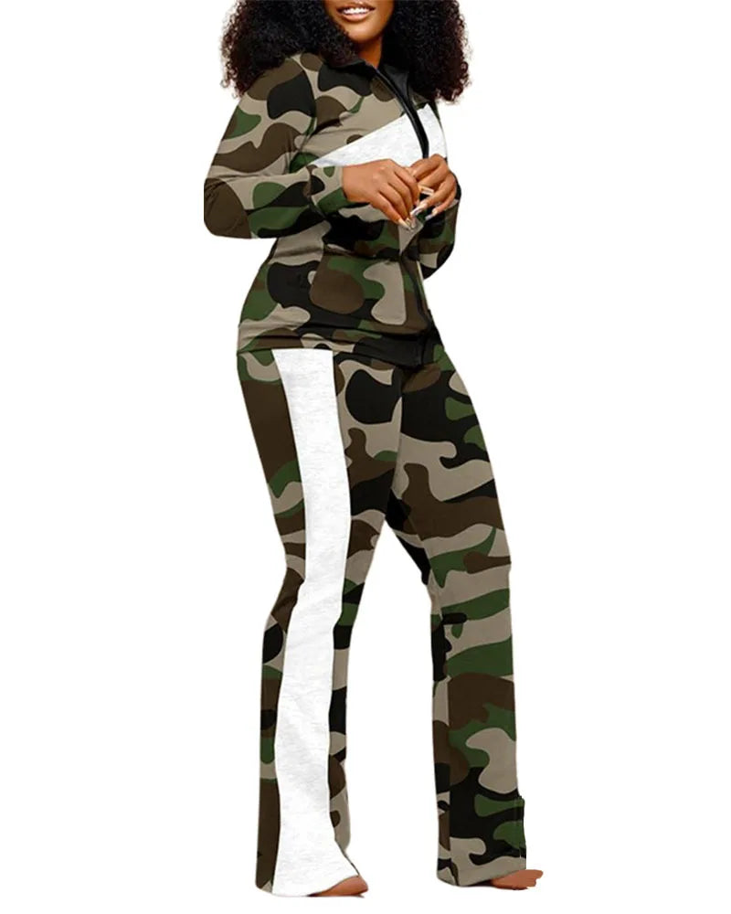 Nouvel ensemble de survêtements deux pièces pour femmes Tenue Mode automne Imprimé Veste à manches longues avec fermeture éclair Pantalon Tenue décontractée deux pièces