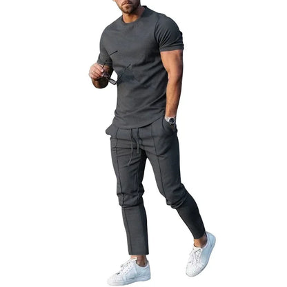 M-3XL  Ensemble de sport pour homme : t-shirt de sport uni à col rond et manches courtes + pantalon à poche, ensemble deux pièces de style streetwear