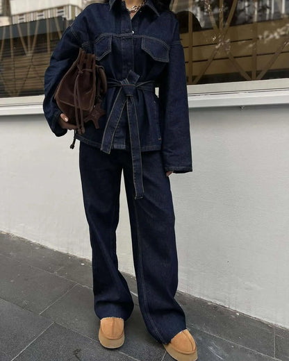 OUDINA Nouvelle Vente Chaude Veste en Jean à Col Revers avec Ceinture Taille et Pantalon Ensemble 2 Pièces pour Femmes Ensemble en Denim Femme