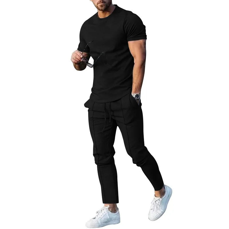 M-3XL  Ensemble de sport pour homme : t-shirt de sport uni à col rond et manches courtes + pantalon à poche, ensemble deux pièces de style streetwear
