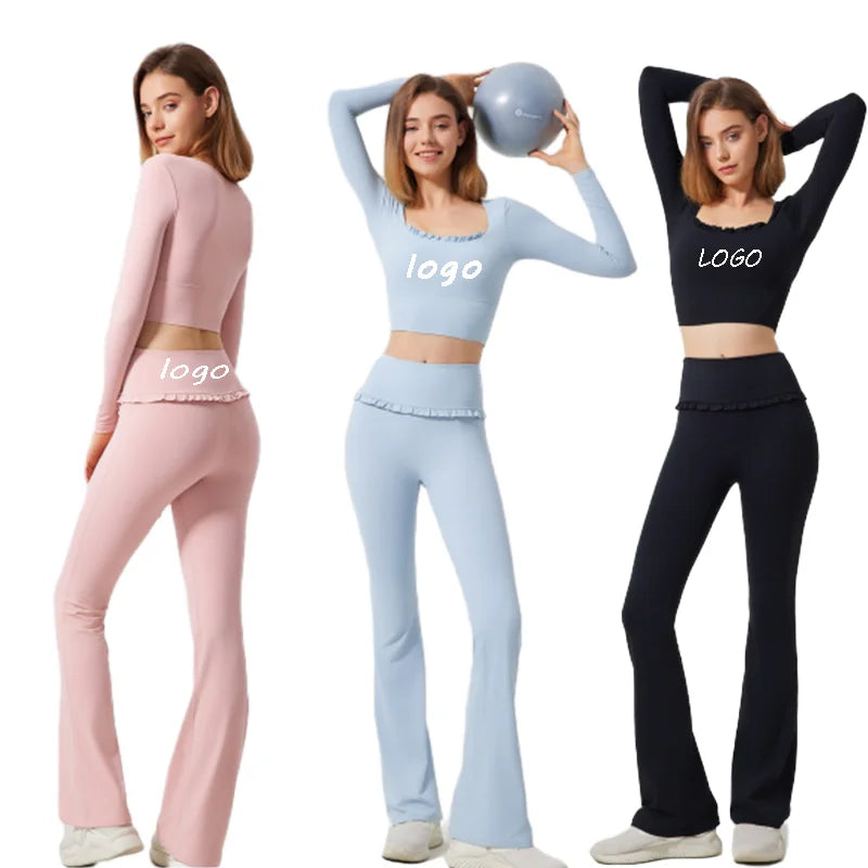 Vêtements à logo personnalisé Y2k Mode de luxe tendance Séchage rapide Hauts en dentelle élastique & Pantalons Y2k Ensembles de yoga Tenue de détente Doux Ensemble 2 pièces pour femmes