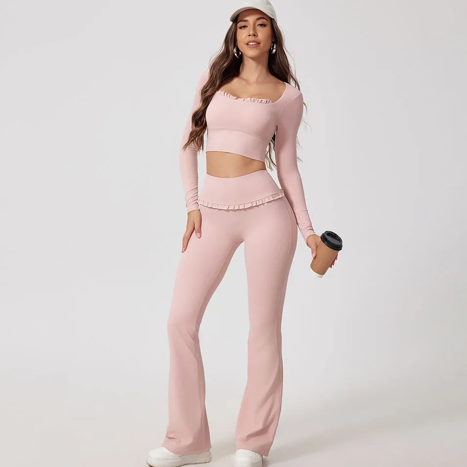 Vêtements à logo personnalisé Y2k Mode de luxe tendance Séchage rapide Hauts en dentelle élastique & Pantalons Y2k Ensembles de yoga Tenue de détente Doux Ensemble 2 pièces pour femmes