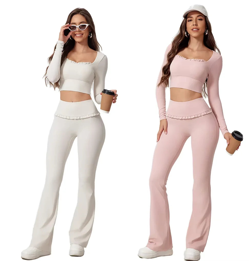Vêtements à logo personnalisé Y2k Mode de luxe tendance Séchage rapide Hauts en dentelle élastique & Pantalons Y2k Ensembles de yoga Tenue de détente Doux Ensemble 2 pièces pour femmes