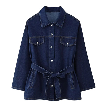 OUDINA Nouvelle Vente Chaude Veste en Jean à Col Revers avec Ceinture Taille et Pantalon Ensemble 2 Pièces pour Femmes Ensemble en Denim Femme