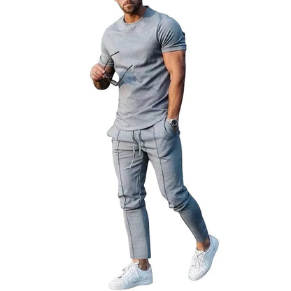 M-3XL  Ensemble de sport pour homme : t-shirt de sport uni à col rond et manches courtes + pantalon à poche, ensemble deux pièces de style streetwear