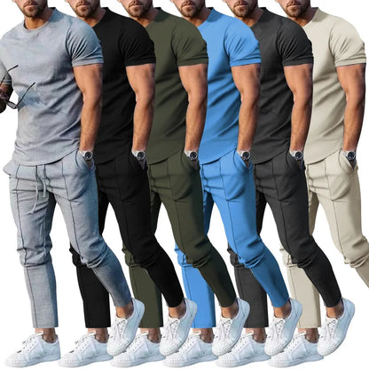 M-3XL  Ensemble de sport pour homme : t-shirt de sport uni à col rond et manches courtes + pantalon à poche, ensemble deux pièces de style streetwear