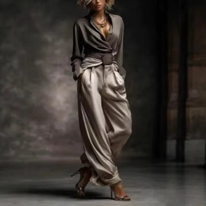 Ensemble Pantalon Large en Satin Vintage pour Femme 2026 Automne Hiver Chemise à Manches Longues Col V Croisé Pantalon Drapé Taille Haute 2 Pièces