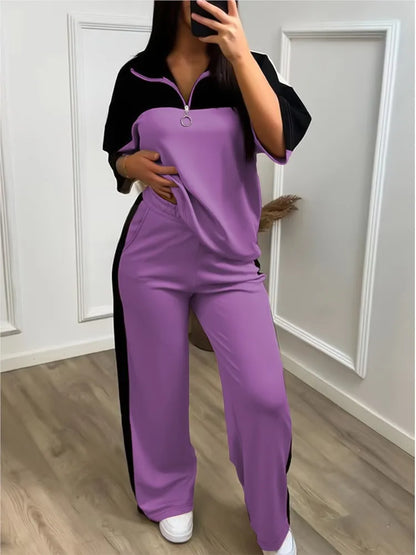 Fashion Color-blocked Short Sleeved Sweatshirt T Shirt Women's Suit Summer Casual Loose Elastic Waist Sports Trousers 2piece Set