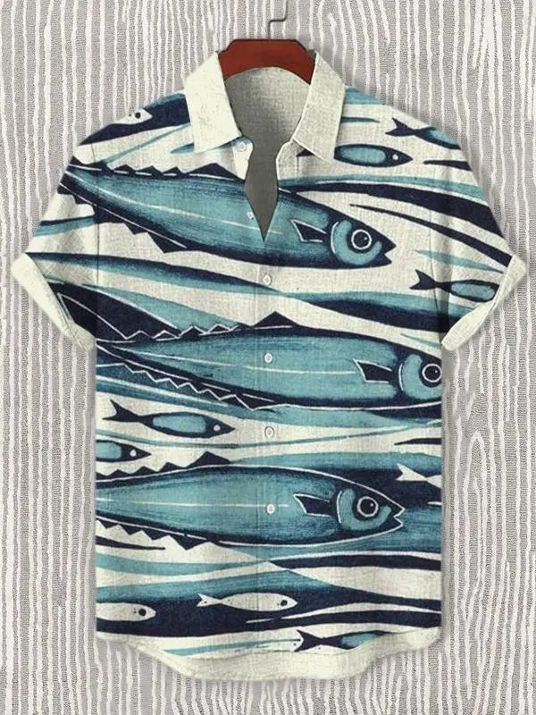 Chemise d'été pour hommes décontractée à manches courtes avec motif vie marine, chemise à boutons et col, hauts surdimensionnés, chemise hawaïenne décontractée pour hommes