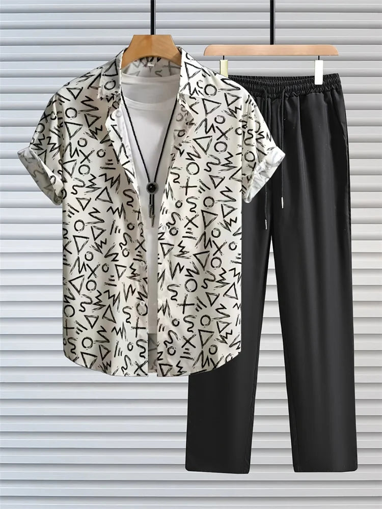 2025 Autumn Simple Striped 3D Printed Men's Casual Shirt 2pcs Set, Urban Street Fashion Loose Men's Top And Trousers S-2XL