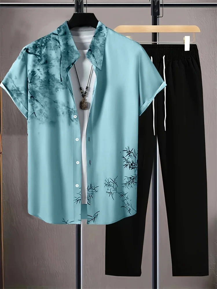 2025 Autumn Simple Striped 3D Printed Men's Casual Shirt 2pcs Set, Urban Street Fashion Loose Men's Top And Trousers S-2XL