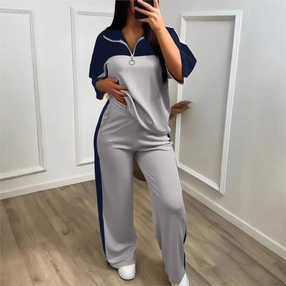 Fashion Color-blocked Short Sleeved Sweatshirt T Shirt Women's Suit Summer Casual Loose Elastic Waist Sports Trousers 2piece Set
