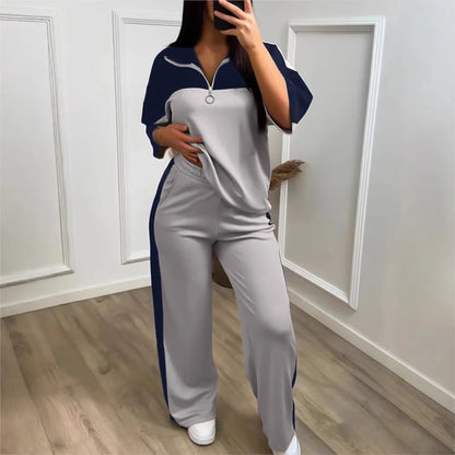 Fashion Color-blocked Short Sleeved Sweatshirt T Shirt Women's Suit Summer Casual Loose Elastic Waist Sports Trousers 2piece Set
