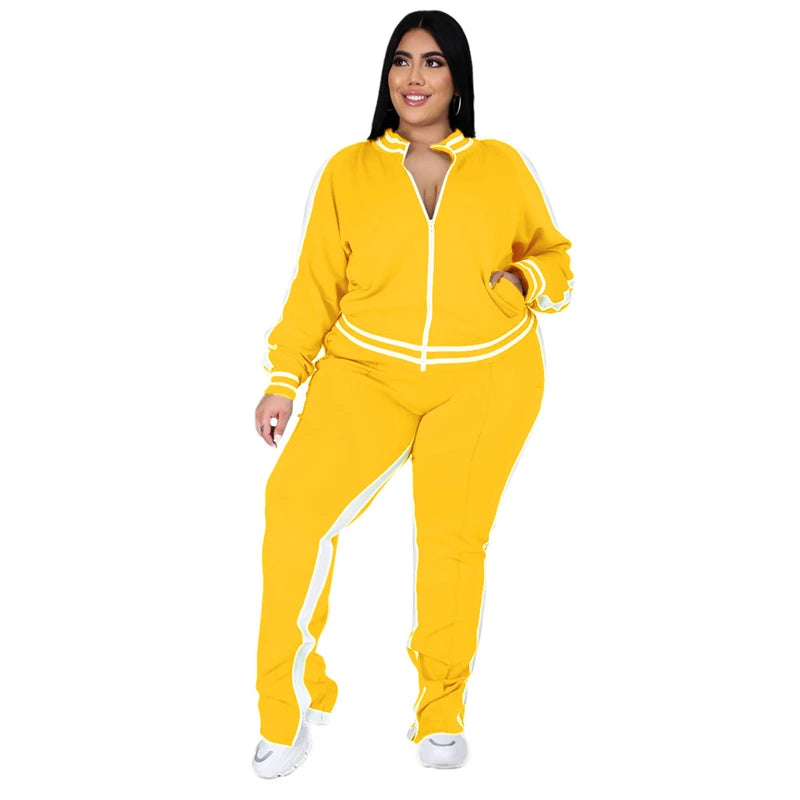 Ensemble Deux Pièces Grande Taille L-5XL Femme Survêtement Top Rayé à Fermeture Éclair Pantalon de Jogging Fendu Tenue Assortie
