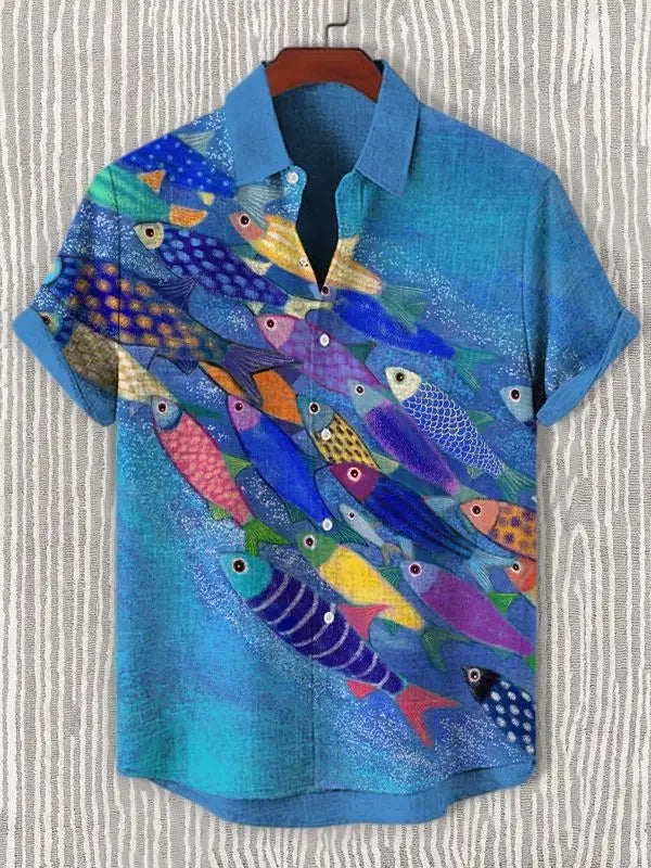 Chemise d'été pour hommes décontractée à manches courtes avec motif vie marine, chemise à boutons et col, hauts surdimensionnés, chemise hawaïenne décontractée pour hommes