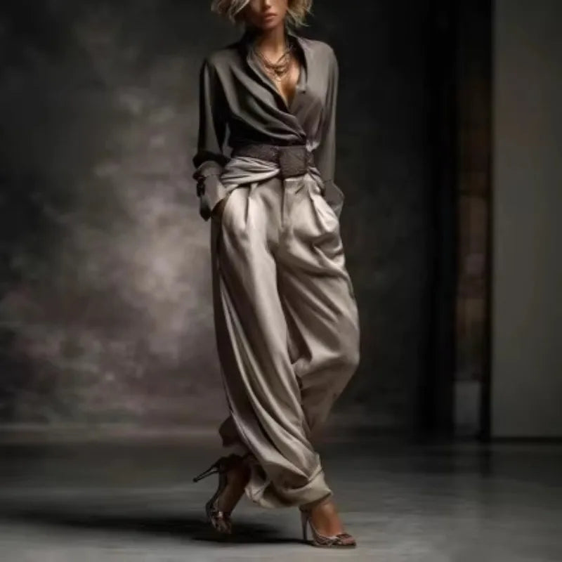 Ensemble Pantalon Large en Satin Vintage pour Femme 2026 Automne Hiver Chemise à Manches Longues Col V Croisé Pantalon Drapé Taille Haute 2 Pièces