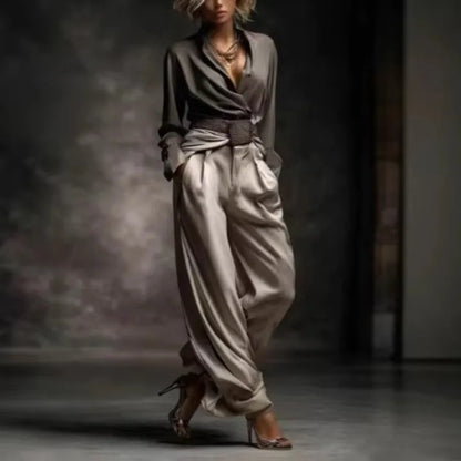 Ensemble Pantalon Large en Satin Vintage pour Femme 2026 Automne Hiver Chemise à Manches Longues Col V Croisé Pantalon Drapé Taille Haute 2 Pièces