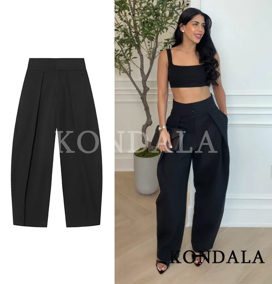 KONDALA Pantalon à plis style lanterne élégant pour femmes, tendance minimaliste, pantalon ballon, nouveau printemps 2026, chic et décontracté pour dames
