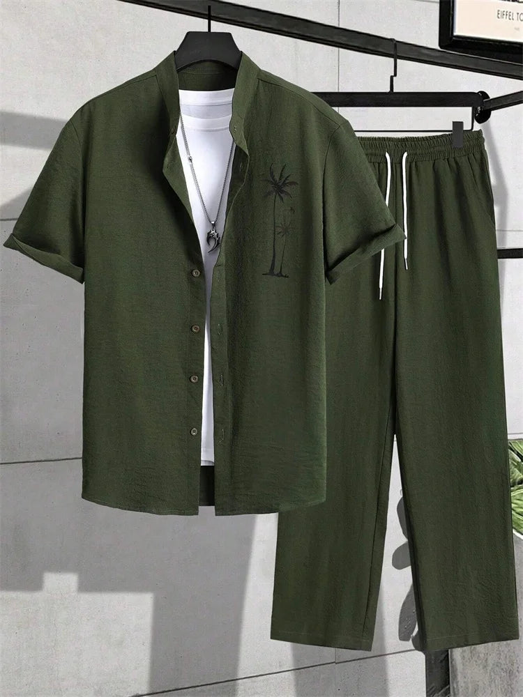 2025 Autumn Simple Striped 3D Printed Men's Casual Shirt 2pcs Set, Urban Street Fashion Loose Men's Top And Trousers S-2XL