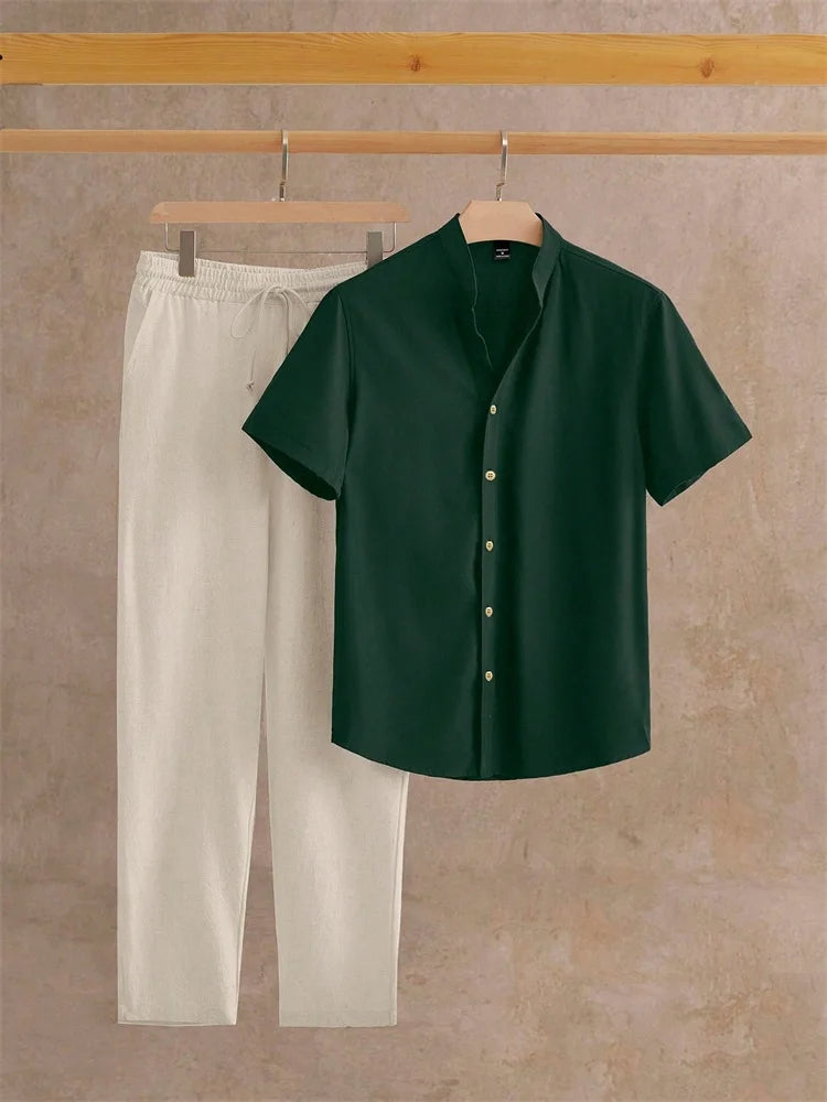 2025 Autumn Simple Striped 3D Printed Men's Casual Shirt 2pcs Set, Urban Street Fashion Loose Men's Top And Trousers S-2XL