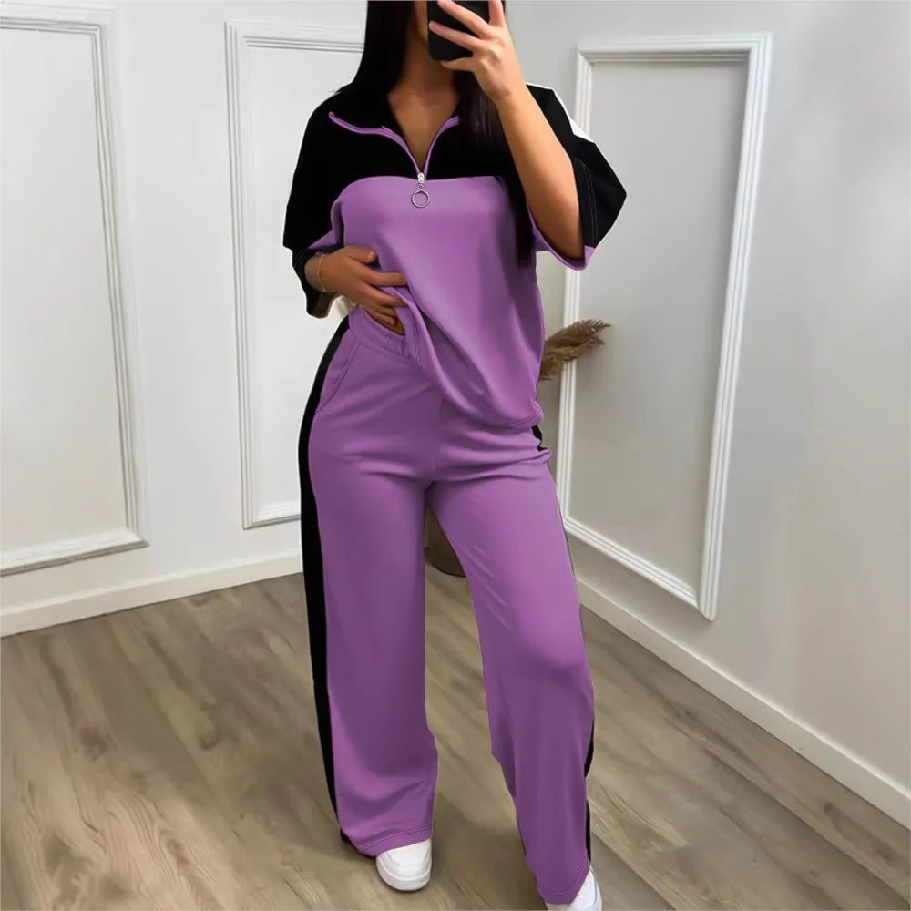 Fashion Color-blocked Short Sleeved Sweatshirt T Shirt Women's Suit Summer Casual Loose Elastic Waist Sports Trousers 2piece Set