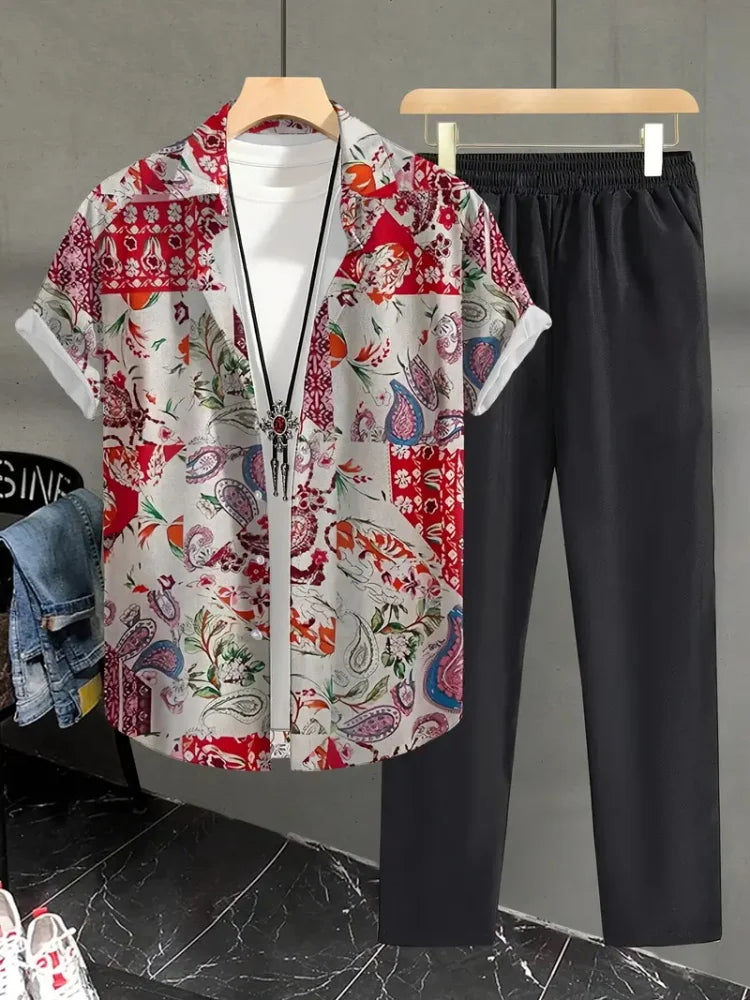 2025 Autumn Simple Striped 3D Printed Men's Casual Shirt 2pcs Set, Urban Street Fashion Loose Men's Top And Trousers S-2XL