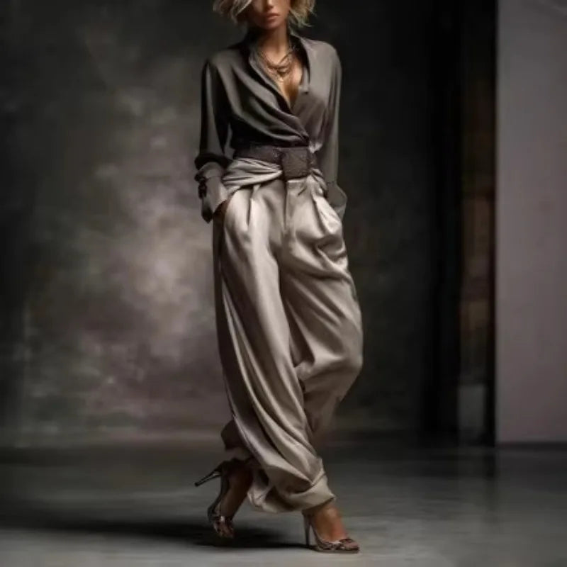 Ensemble Pantalon Large en Satin Vintage pour Femme 2026 Automne Hiver Chemise à Manches Longues Col V Croisé Pantalon Drapé Taille Haute 2 Pièces
