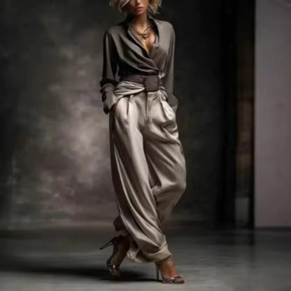 Ensemble Pantalon Large en Satin Vintage pour Femme 2026 Automne Hiver Chemise à Manches Longues Col V Croisé Pantalon Drapé Taille Haute 2 Pièces