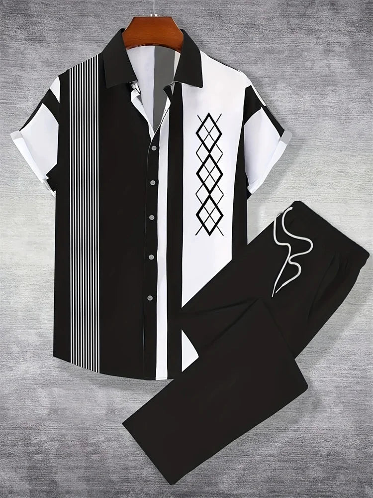 2025 Autumn Simple Striped 3D Printed Men's Casual Shirt 2pcs Set, Urban Street Fashion Loose Men's Top And Trousers S-2XL