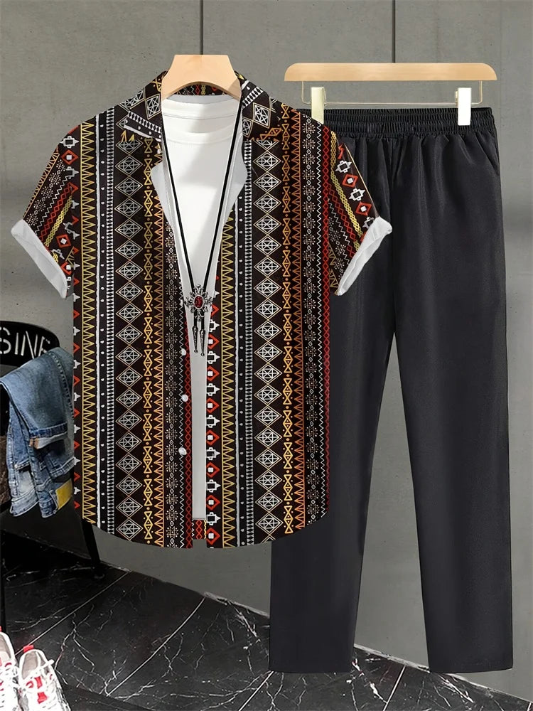 2025 Autumn Simple Striped 3D Printed Men's Casual Shirt 2pcs Set, Urban Street Fashion Loose Men's Top And Trousers S-2XL