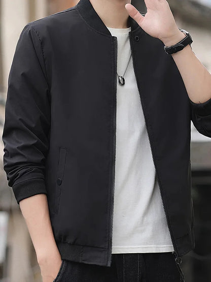 Mode décontractée pour hommes Tendance Coupe-vent Sports de plein air Veste à fermeture éclair Couleur unie Manches longues Manteau d'aviateur chaud et contre le froid