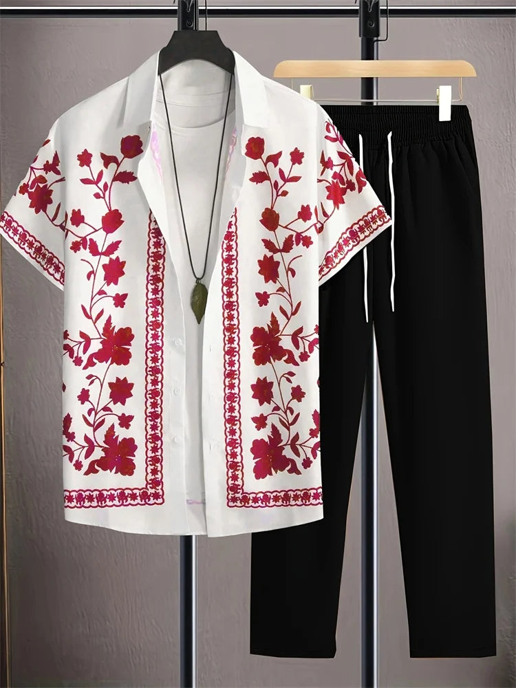 2025 Autumn Simple Striped 3D Printed Men's Casual Shirt 2pcs Set, Urban Street Fashion Loose Men's Top And Trousers S-2XL