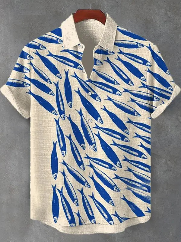 Chemise d'été pour hommes décontractée à manches courtes avec motif vie marine, chemise à boutons et col, hauts surdimensionnés, chemise hawaïenne décontractée pour hommes