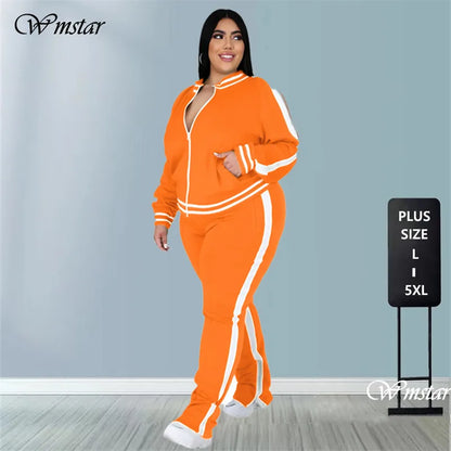 Ensemble Deux Pièces Grande Taille L-5XL Femme Survêtement Top Rayé à Fermeture Éclair Pantalon de Jogging Fendu Tenue Assortie