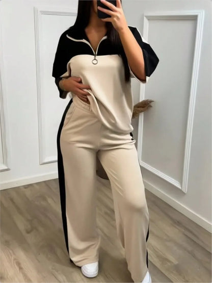 Fashion Color-blocked Short Sleeved Sweatshirt T Shirt Women's Suit Summer Casual Loose Elastic Waist Sports Trousers 2piece Set