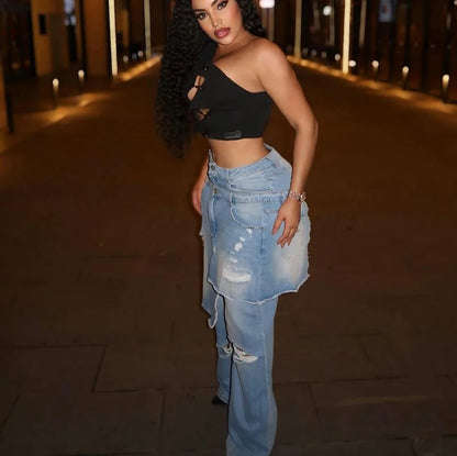 Pantalons en denim à la mode pour femmes, tenue de rue, nouveau 2026, automne-hiver, stretch, vintage Y2k, pantalons tablier Overup, jeans droits déchirés