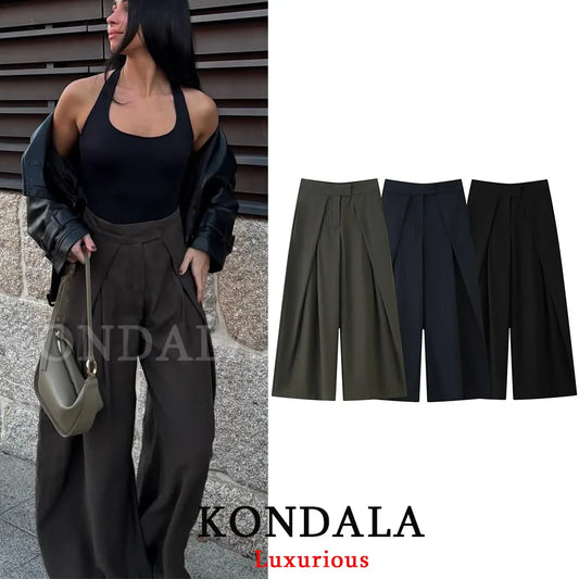 Pantalon large décontracté chic KONDALA pour femmes, poches pour dames de bureau, pantalon long plissé, mode printemps-été 2026, streetwear
