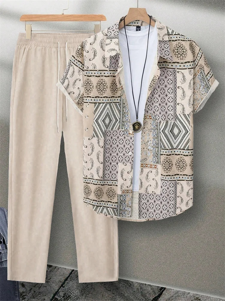 2025 Autumn Simple Striped 3D Printed Men's Casual Shirt 2pcs Set, Urban Street Fashion Loose Men's Top And Trousers S-2XL