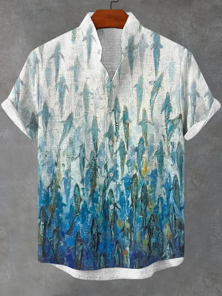 Chemise d'été pour hommes décontractée à manches courtes avec motif vie marine, chemise à boutons et col, hauts surdimensionnés, chemise hawaïenne décontractée pour hommes