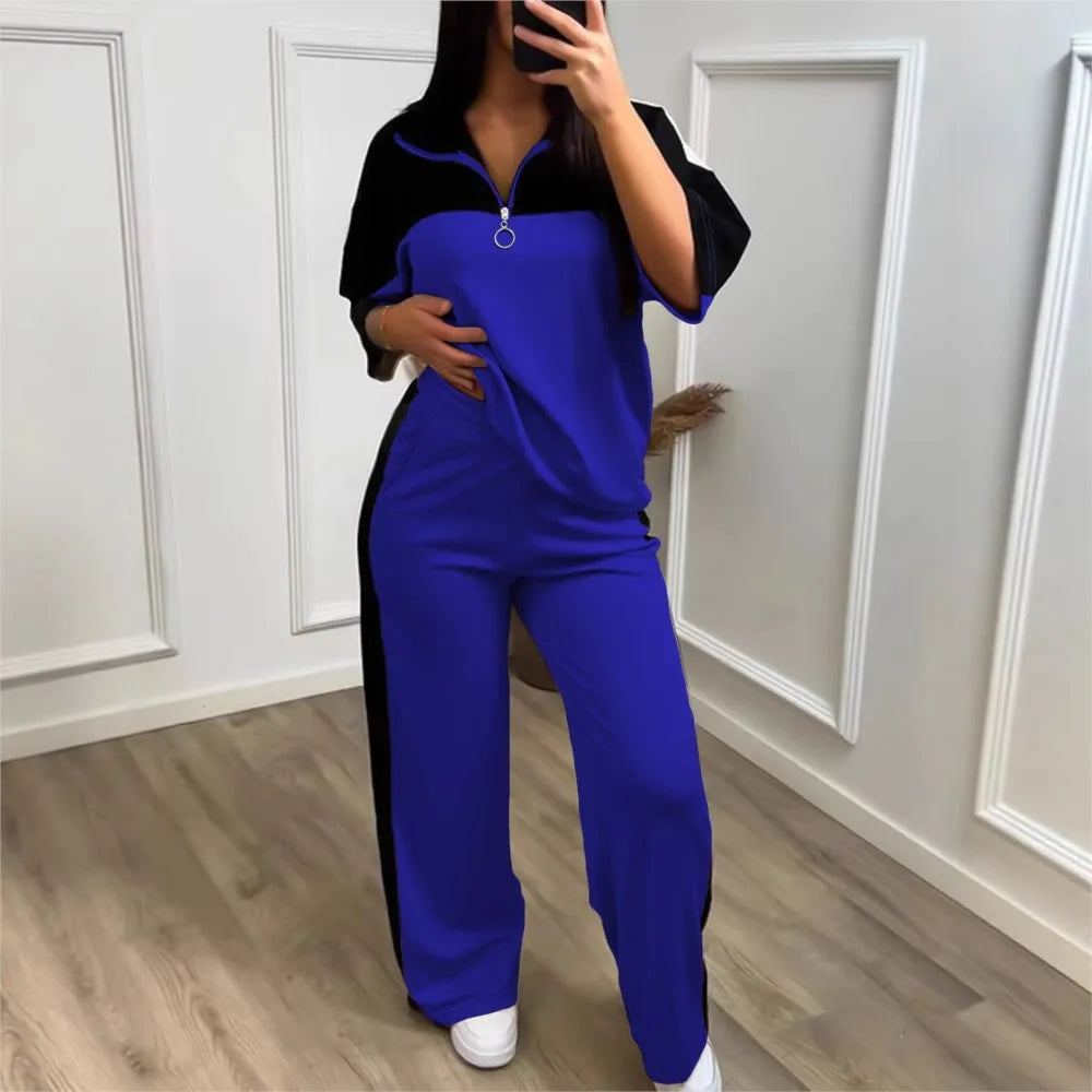 Fashion Color-blocked Short Sleeved Sweatshirt T Shirt Women's Suit Summer Casual Loose Elastic Waist Sports Trousers 2piece Set
