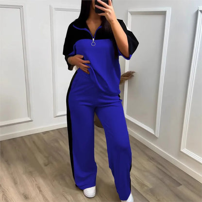 Fashion Color-blocked Short Sleeved Sweatshirt T Shirt Women's Suit Summer Casual Loose Elastic Waist Sports Trousers 2piece Set