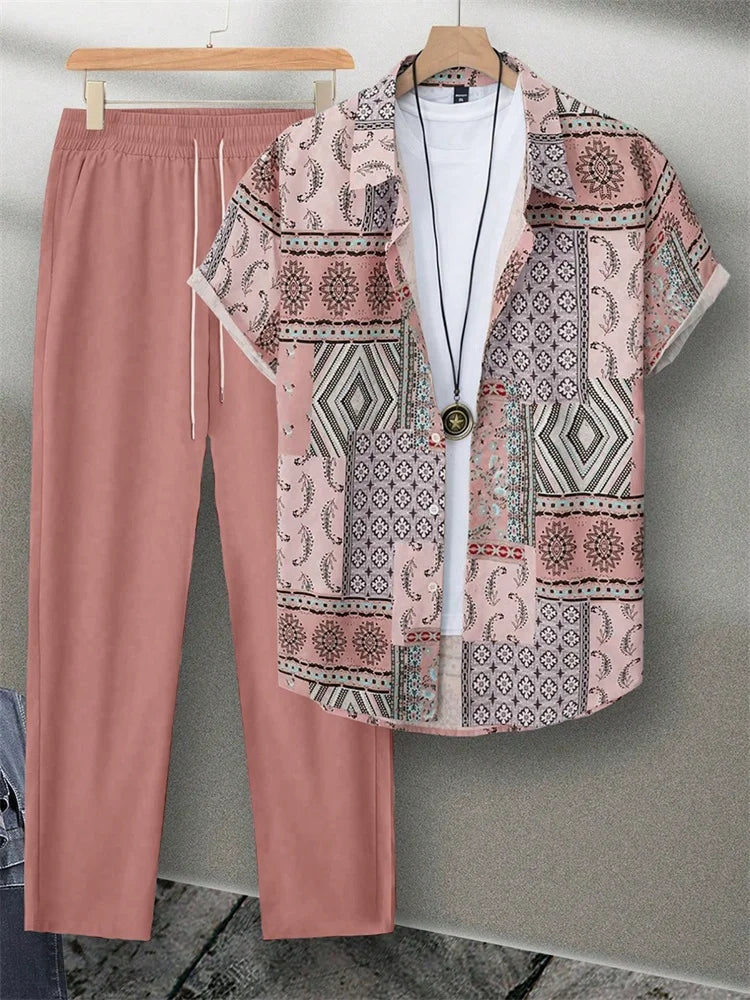 2025 Autumn Simple Striped 3D Printed Men's Casual Shirt 2pcs Set, Urban Street Fashion Loose Men's Top And Trousers S-2XL