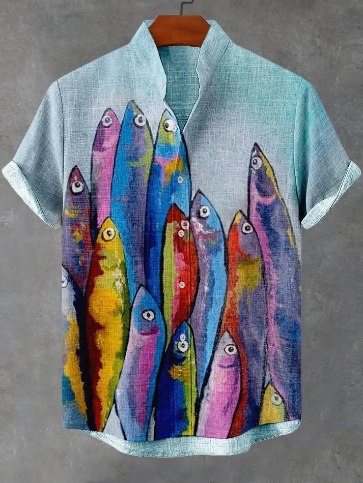 Chemise d'été pour hommes décontractée à manches courtes avec motif vie marine, chemise à boutons et col, hauts surdimensionnés, chemise hawaïenne décontractée pour hommes