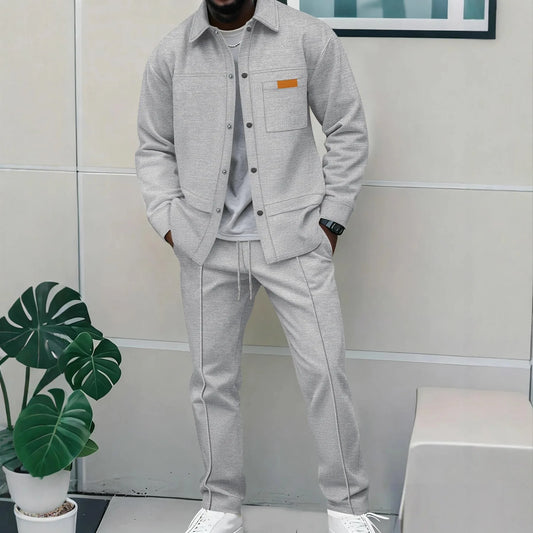 2026 Men's New Style Waffle Plain Color Collar Button-Down Pockets Long-Sleeved Pants Casual Jacket Set