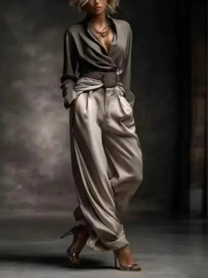 Ensemble Pantalon Large en Satin Vintage pour Femme 2026 Automne Hiver Chemise à Manches Longues Col V Croisé Pantalon Drapé Taille Haute 2 Pièces