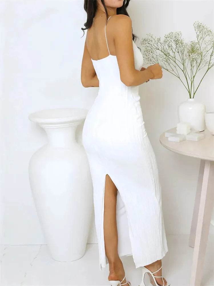 Robe longue sexy pour femmes, froncée, sans manches, ajustée, unie, robe d'été pour fête, fendue au dos, tenue de club pour femmes, ensemble de robe